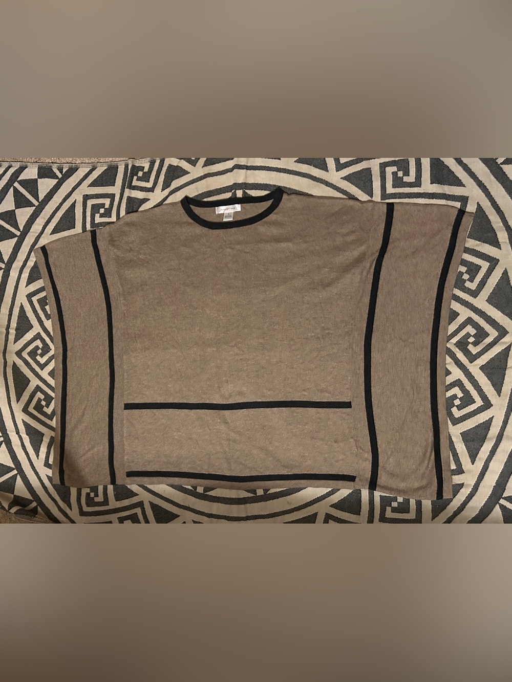 august silk Tan Crewneck Sweater with Navy/Black stripes